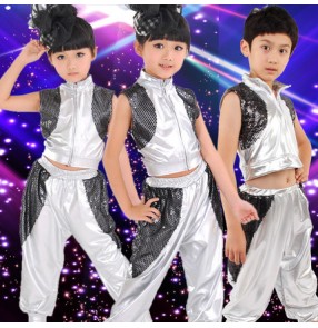 Silver black patchwork sleeveless  girls kids child children boys modern dance jazz dance school performance hip hop  dance outfits